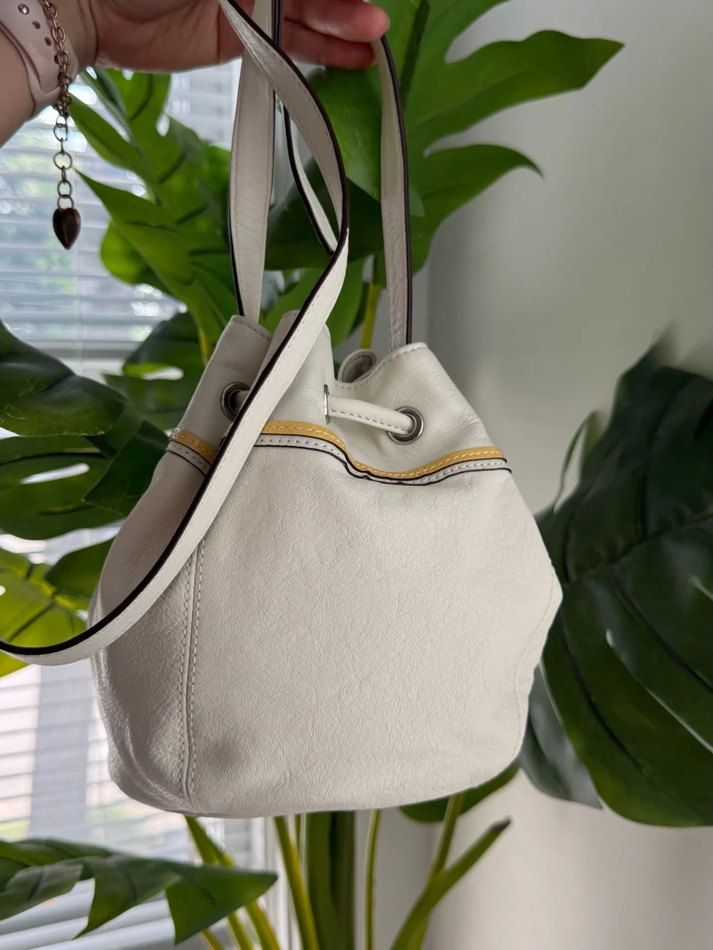 Coach Ivory Bucket Bag Drawstring Embossed Logo Adjustable Strap Pink Lining